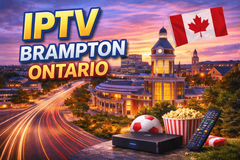 IPTV Brampton Ontario city skyline showing modern streaming entertainment services