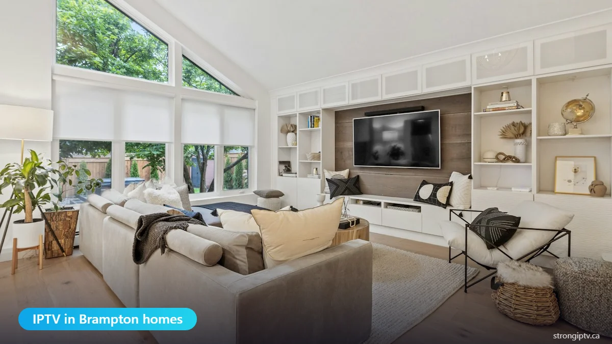 IPTV in Brampton homes – bright family living room with a smart TV